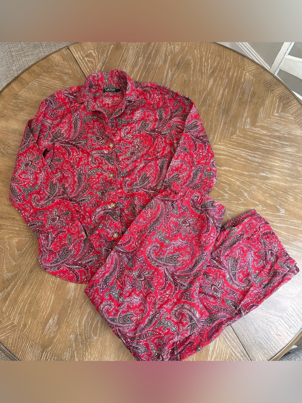 Lauren Ralph Lauren Red Paisley pajama set button down shirt and pants monogram